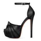 Ruched Peep-Toe Platform Stiletto Sandals — Ankle Strap Buckle Heel