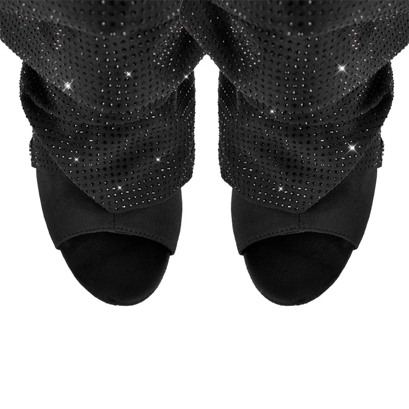 Rhinestone Peep Toe Ankle Boots | Slouched Stiletto | Red & Black