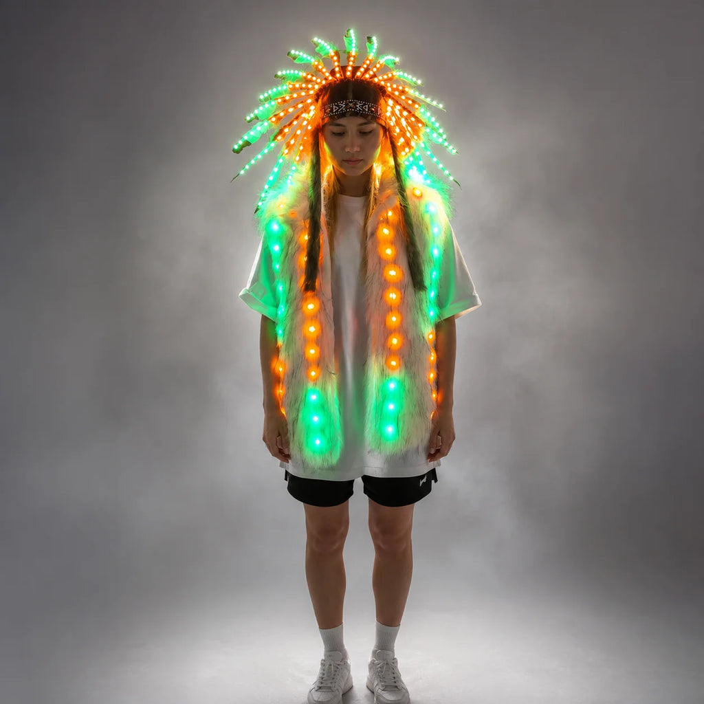 LED Fur Vest & Festival Feather Headdress | Full-Colour RGB | Rave Costume