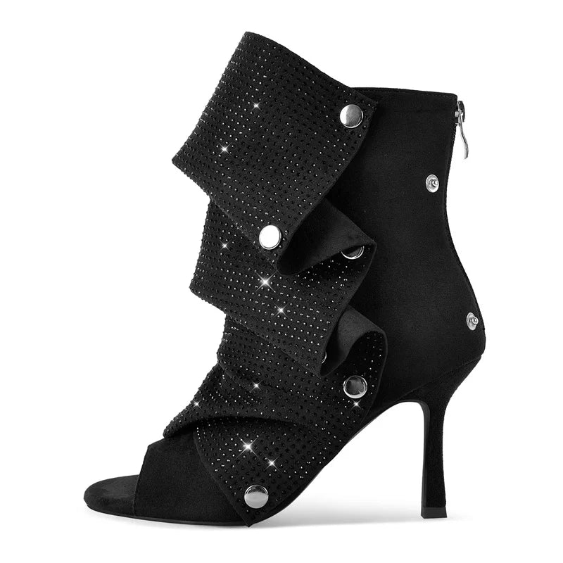Rhinestone Peep Toe Ankle Boots | Slouched Stiletto | Red & Black