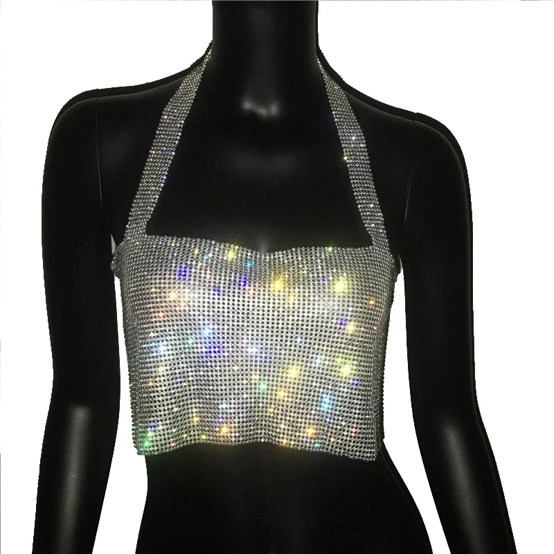 Crystal Rhinestone Metal Chain Halter Crop Top - Backless Tank