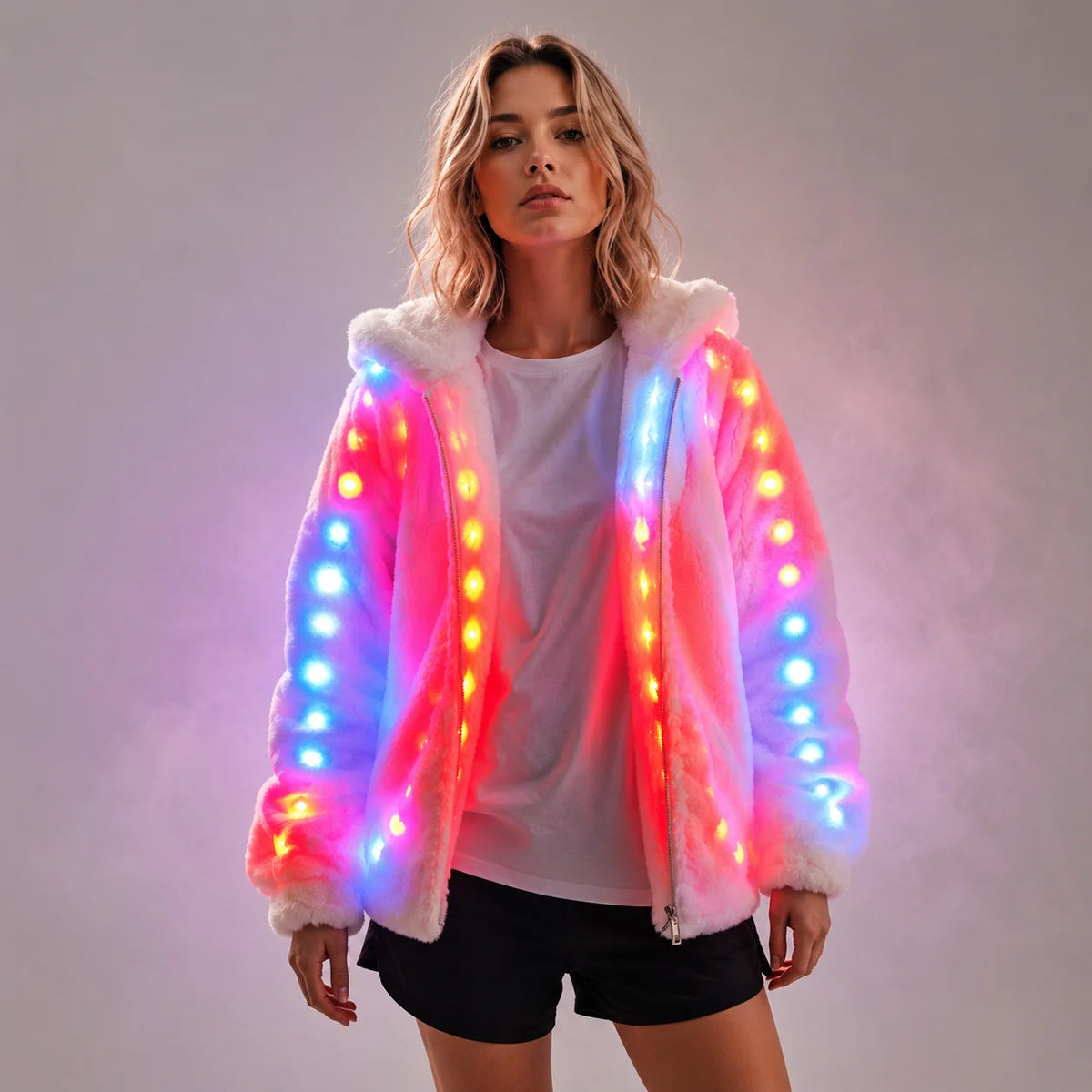 LED Hooded Faux Fur Coat | Remote-Control RGB Light-Up Jacket | Festival & Stage