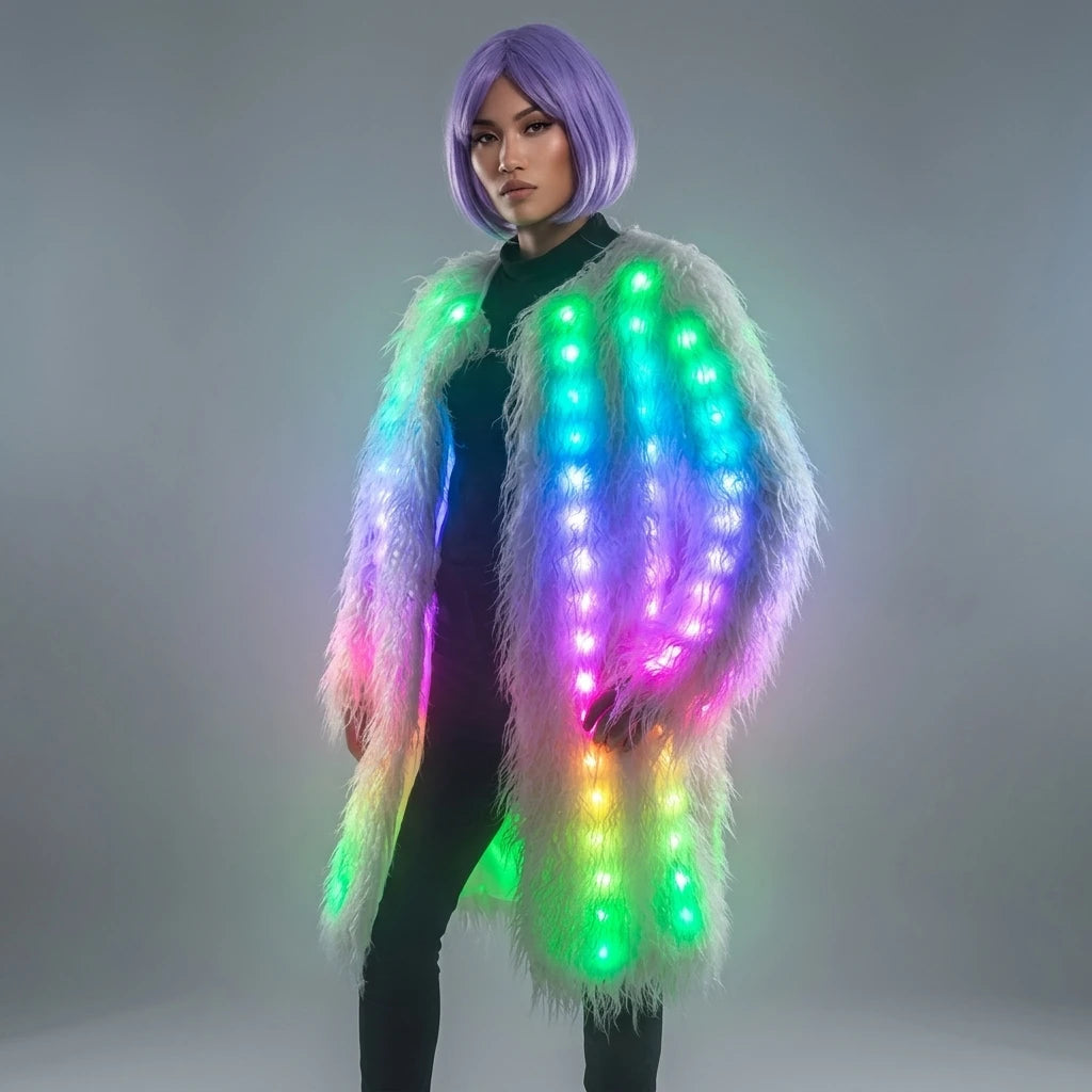 LED Faux Fur Jacket | Remote-Control Light-Up Coat | Festival & Event Outerwear