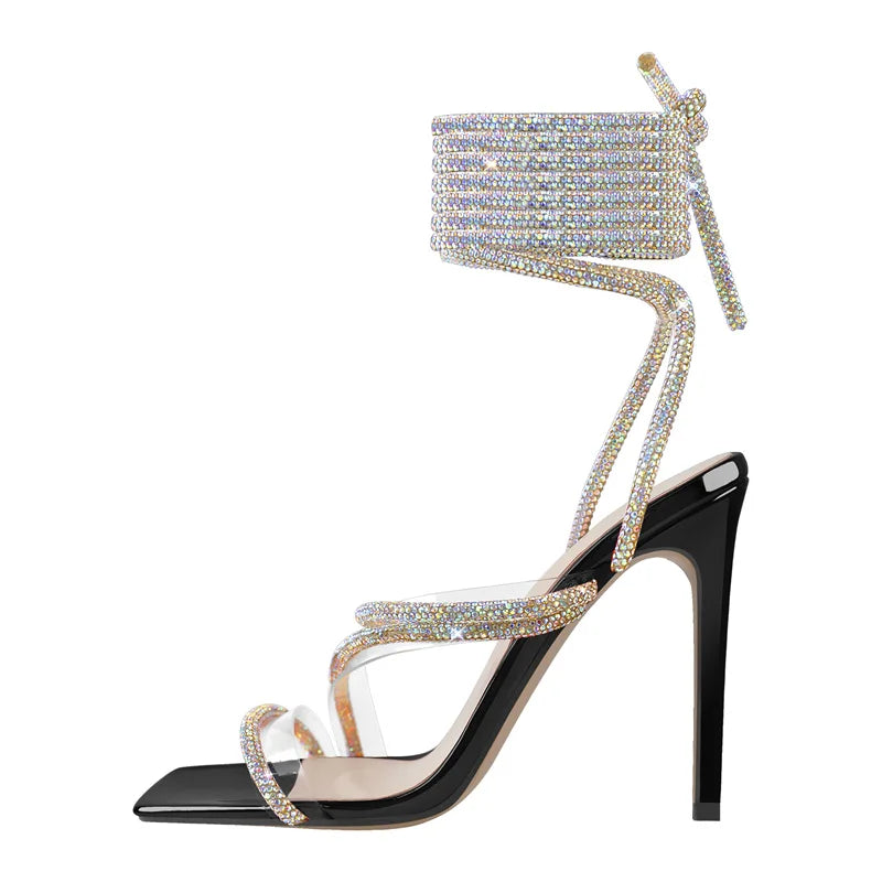 Rhinestone Lace-Up Stiletto Sandal | Crystal Strap | Multi-Color