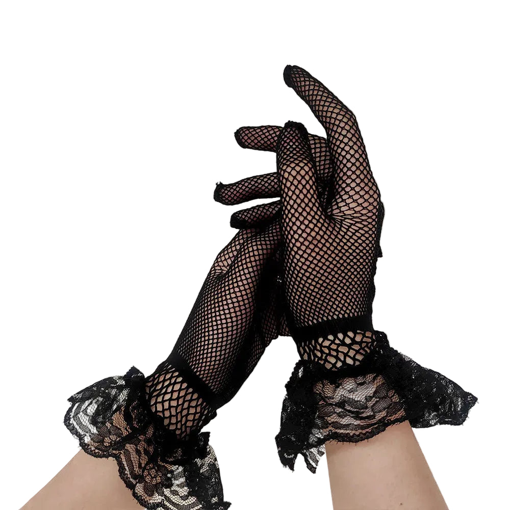 Fishnet Lace Ruffle Gloves | Full Finger | Black & White