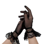 Fishnet Lace Ruffle Gloves | Full Finger | Black & White