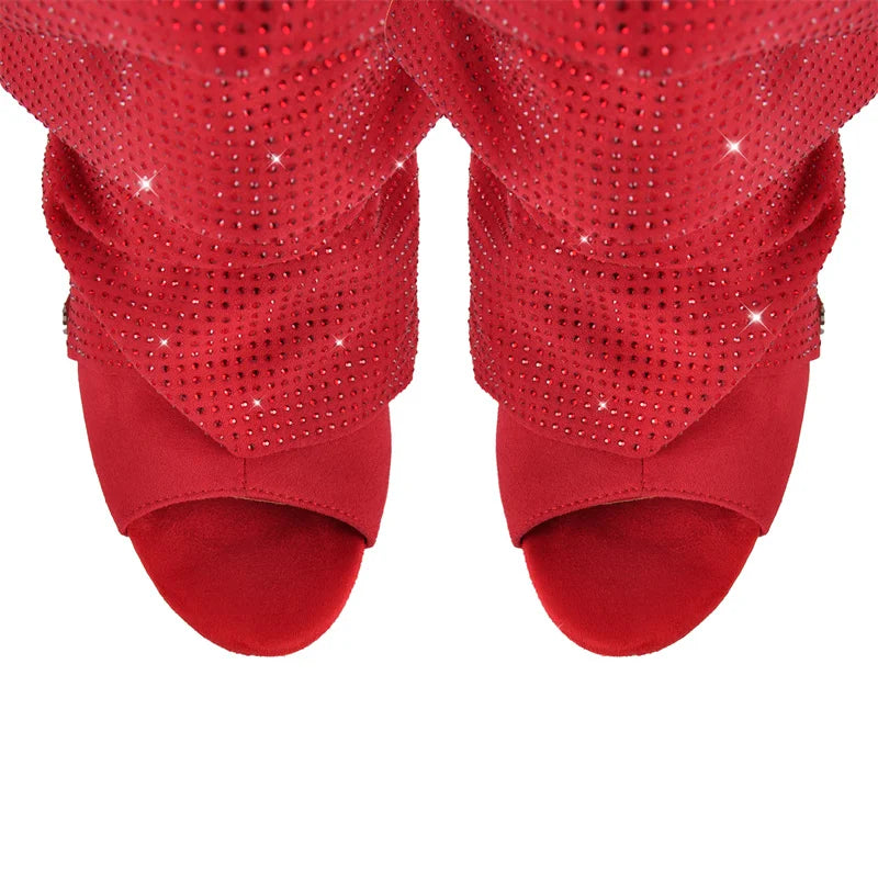 Rhinestone Peep Toe Ankle Boots | Slouched Stiletto | Red & Black