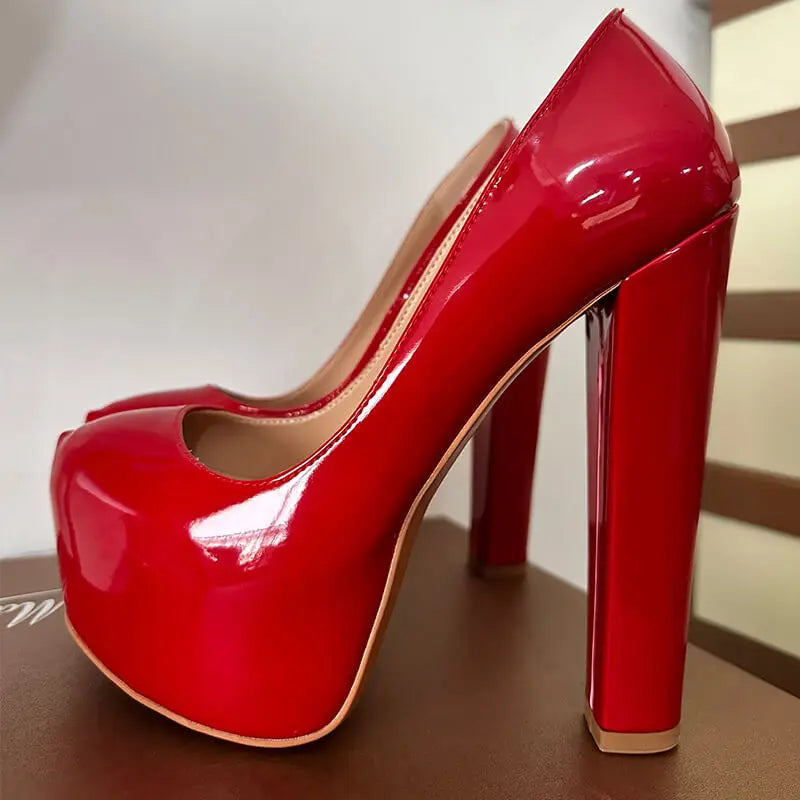 Platform Pump | Round Toe | Chunky Heel | Red