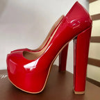 Platform Pump | Round Toe | Chunky Heel | Red