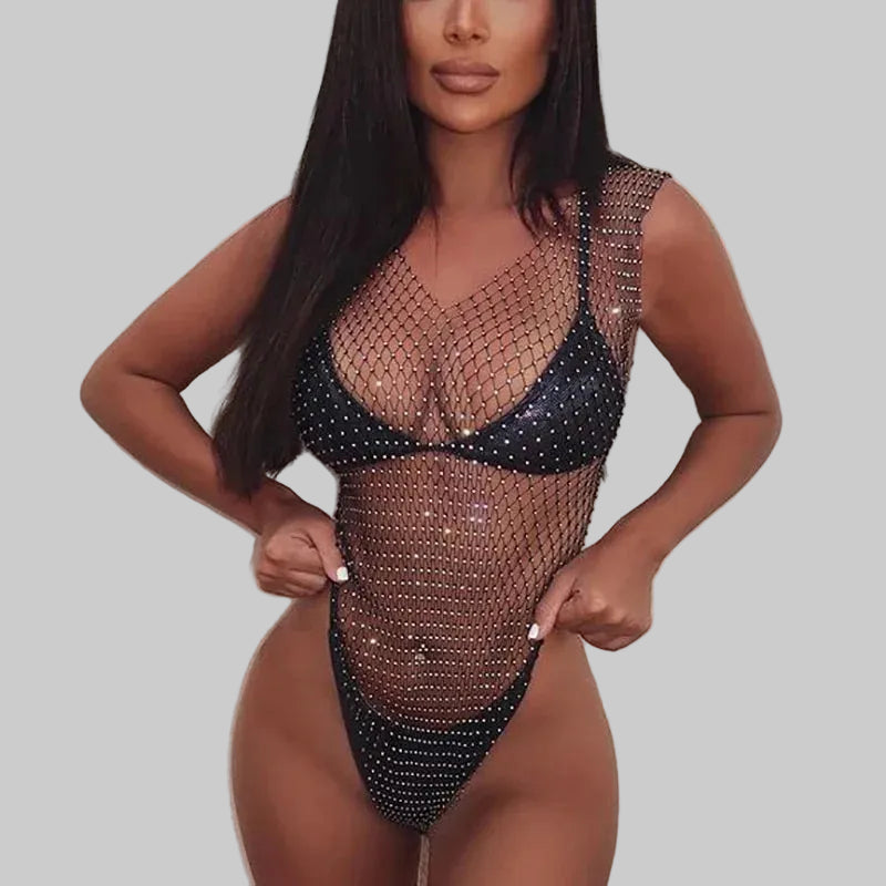 Rhinestone Fishnet Swimsuit Cover-Up - V-Neck See-Through Bodysuit
