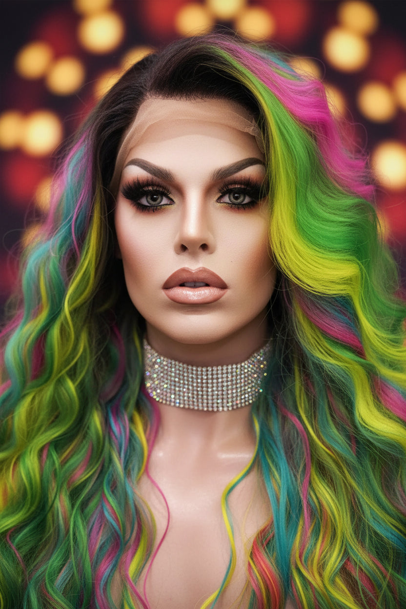 24" Rainbow Deep Wave Lace Front Wig – Multicolor Stage Wig