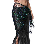 Sequin Belly Dance Hip Scarf - Shimmering Crochet Tassel Belt for Performance