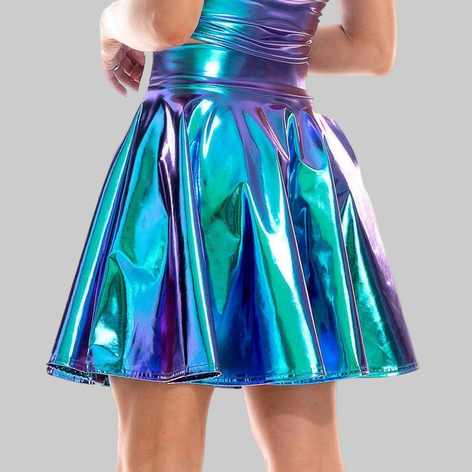 Metallic High Waist Flare Skirt - Glossy Performance Mini Skirt
