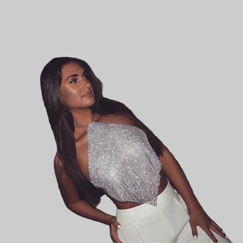 Diamond Grid Rhinestone Bralette - Backless Metal Chain Crop Top