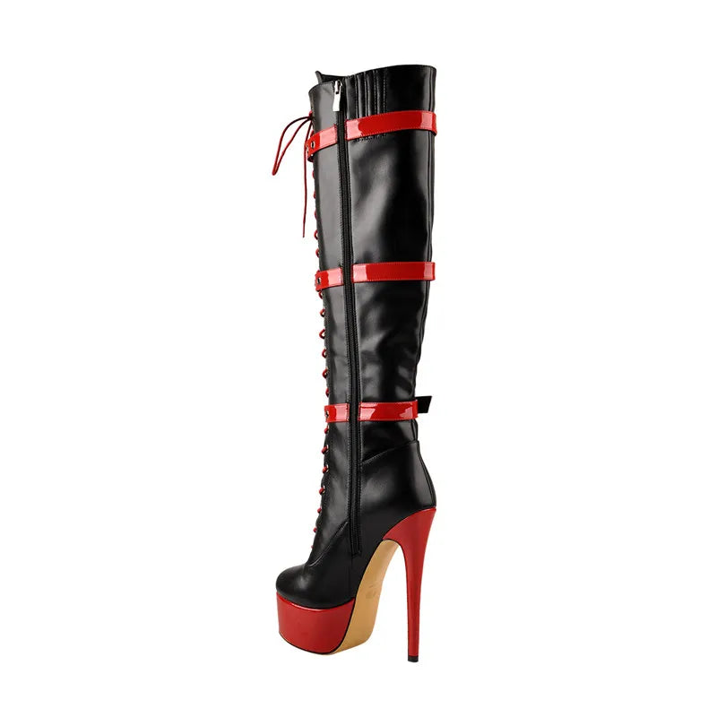 Red Wine Knee-High Platform Boots | 15–16 cm Heel