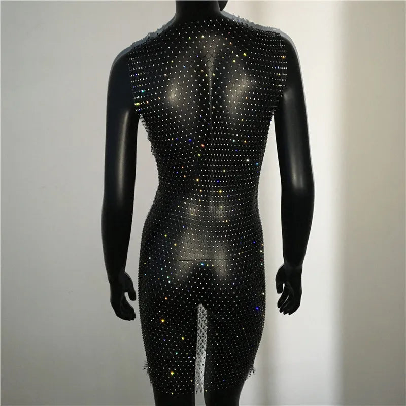 Rhinestone Fishnet Grid Mini Dress