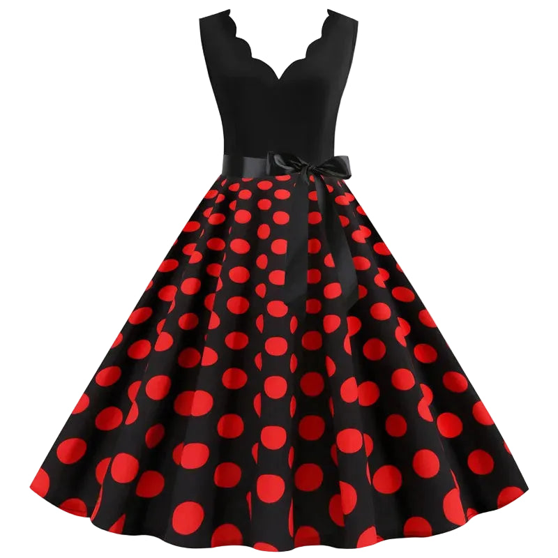 1950s Polka Dot Swing Dress | V-Neck | Bow Sash | 15 Colors