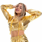 Holographic Crop Hoodie | Metallic Shiny | Drawstring