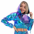 Holographic Crop Hoodie | Metallic Shiny | Drawstring
