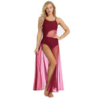 Women's Spaghetti Strap Lyrical Dance Dress | Built-In Leotard & Sheer Mesh Maxi Skirt | Front Slit