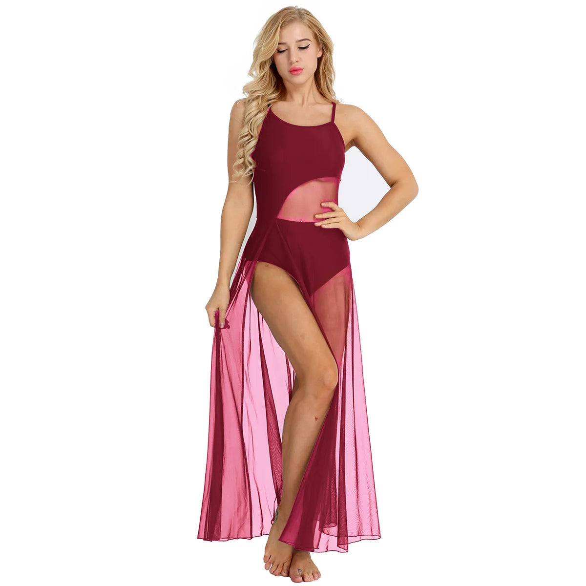 Women's Spaghetti Strap Lyrical Dance Dress | Built-In Leotard & Sheer Mesh Maxi Skirt | Front Slit