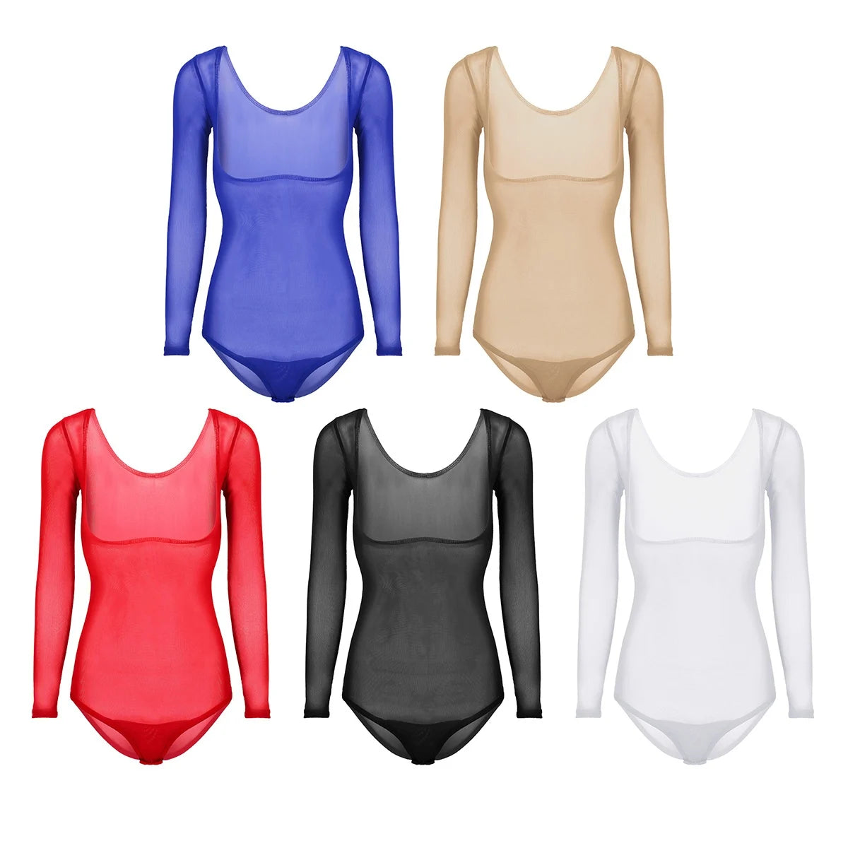 Women's Sheer Mesh Long-Sleeve Bodysuit | Open Bust & Snap Crotch | Dance & Performance Underlayer