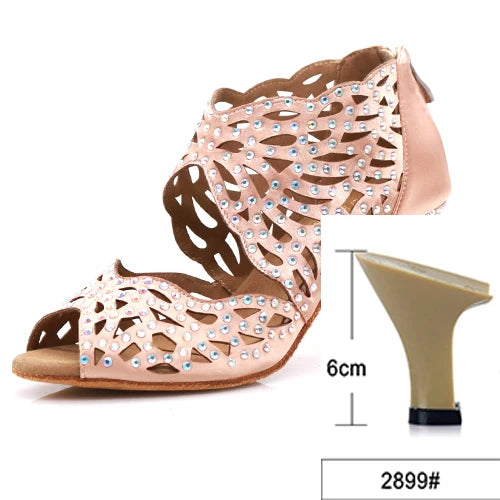 Rhinestone Latin Dance Heels | Cutout Satin | Multi-Height