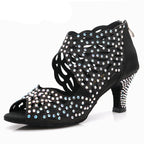 Rhinestone Latin Dance Heels | Cutout Satin | Multi-Height