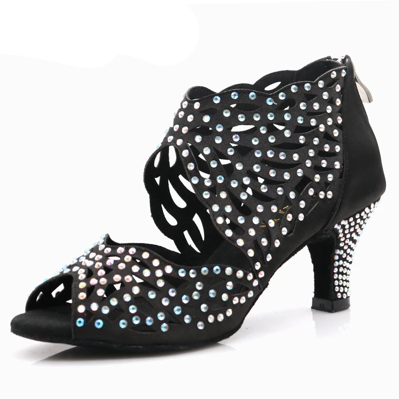 Rhinestone Latin Dance Heels | Cutout Satin | Multi-Height