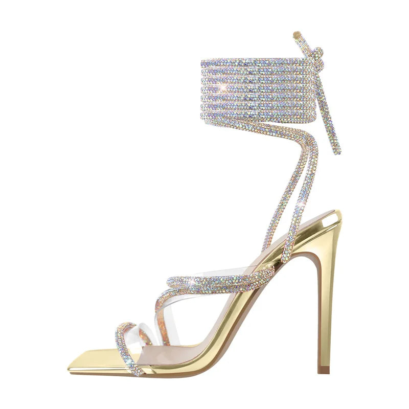 Rhinestone Lace-Up Stiletto Sandal | Crystal Strap | Multi-Color