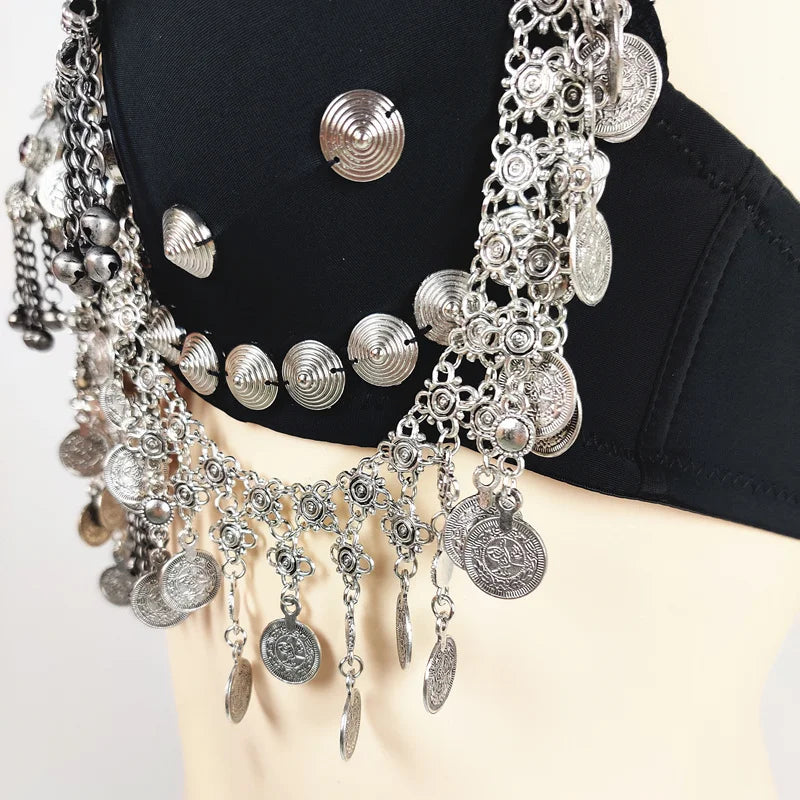 Tribal Belly Dance Coin Bra - Metallic Studs & Chain Drape Top