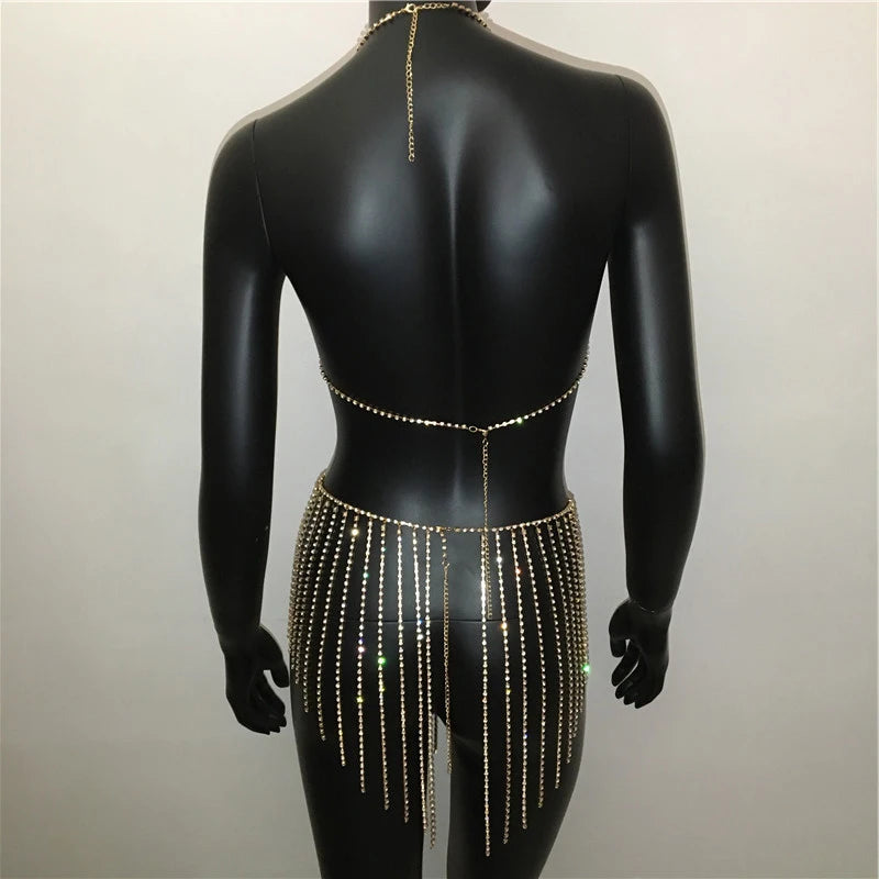 Crystal Body Chain Halter Top & Tassel Skirt Set