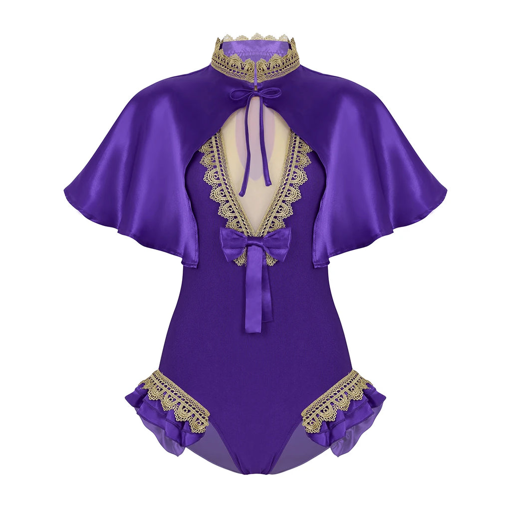 Satin Flutter Cape Bodysuit Set | Lace Trim Keyhole | Open Back | Stage Costume