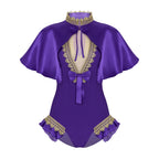 Satin Flutter Cape Bodysuit Set | Lace Trim Keyhole | Open Back | Stage Costume