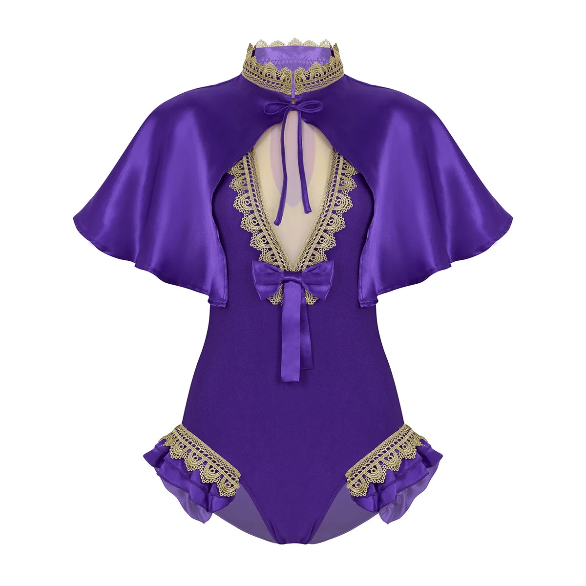 Satin Flutter Cape Bodysuit Set | Lace Trim Keyhole | Open Back | Stage Costume