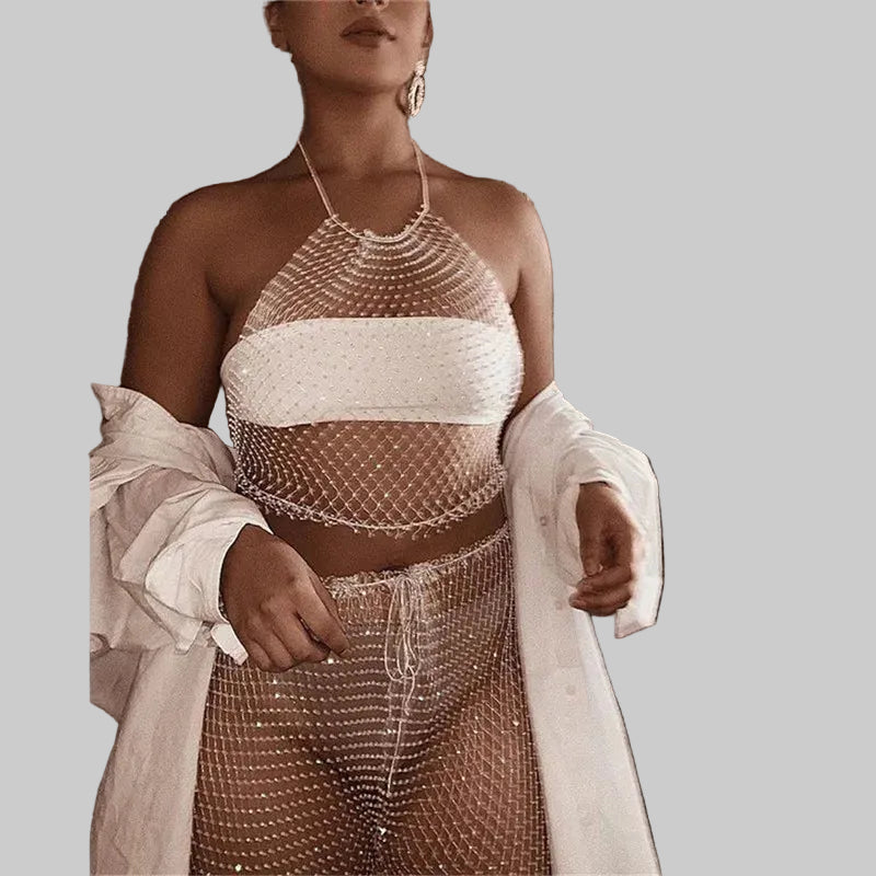 Bling Rhinestone Fishnet Crop Top - Adjustable Bandage Sheer Tank