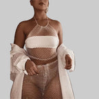 Bling Rhinestone Fishnet Crop Top - Adjustable Bandage Sheer Tank