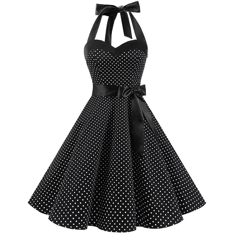 Vintage Halter Swing Dress | Polka Dot & Solid | 50s Rockabilly