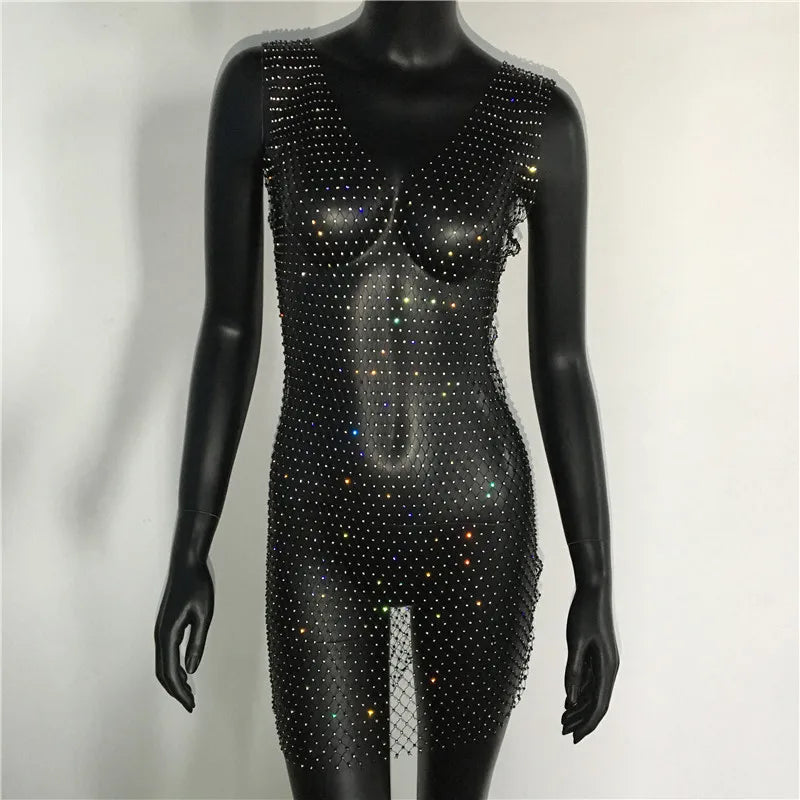 Crystal Fishnet Mini Dress - Rhinestone Mesh Party Dress
