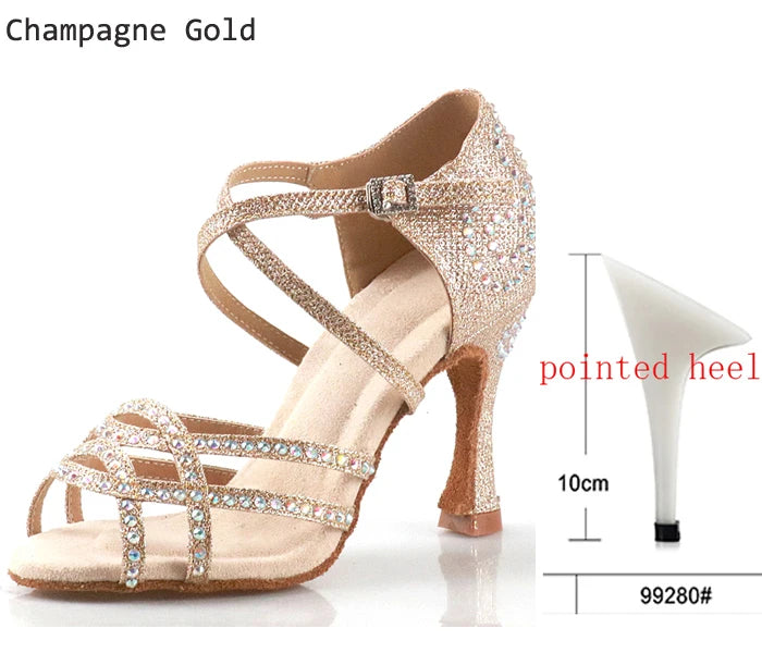 Women's Latin Dance Shoes | Satin Rhinestone | Multi Heel