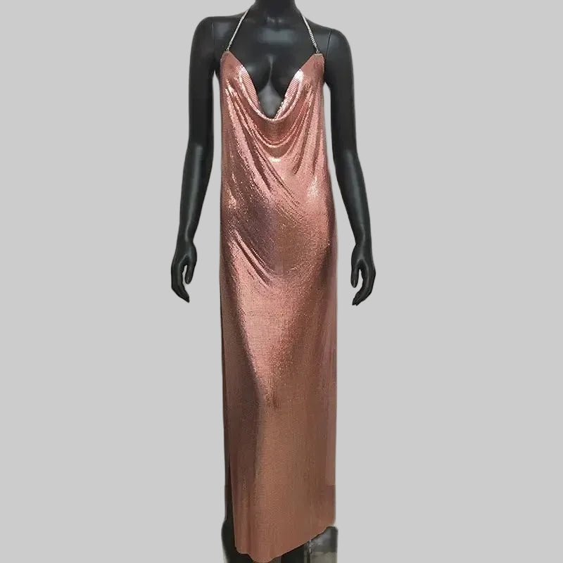 Metal Sequin Chain Strap Maxi Dress