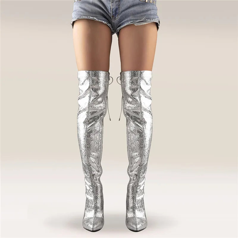 Silver Metallic Over-the-Knee Boots | 11–12 cm Heel