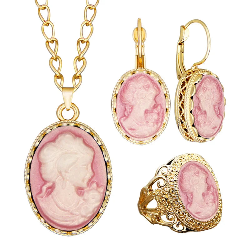 Cameo Jewelry Set | Necklace, Earrings & Ring | 6 Colors