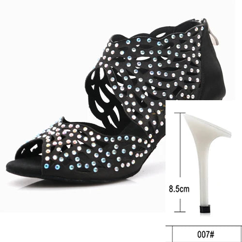 Rhinestone Latin Dance Heels | Cutout Satin | Multi-Height