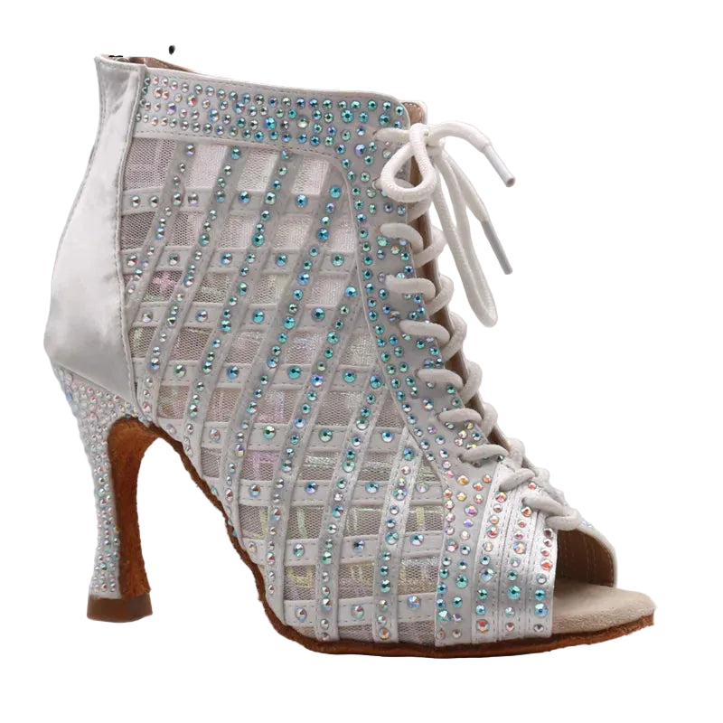 Rhinestone Mesh Dance Boot | Lace-Up | Multi-Heel