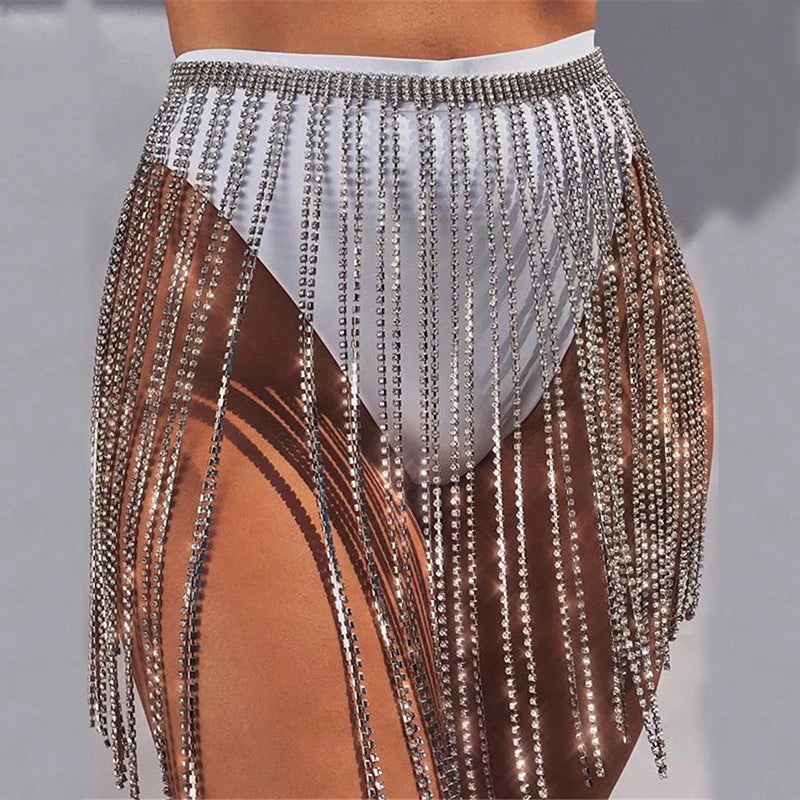 Rhinestone Tassel Fringe Skirt - Crystal Diamond Beach Cover-Up Mini Skirt