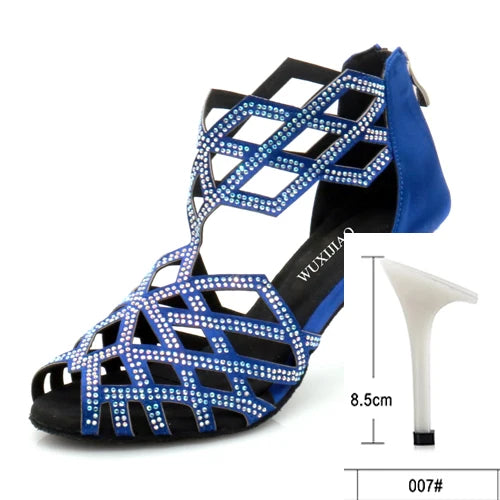 Rhinestone Cut-Out Latin Dance Sandals | Thin Heel | 6–10cm | Black & Blue