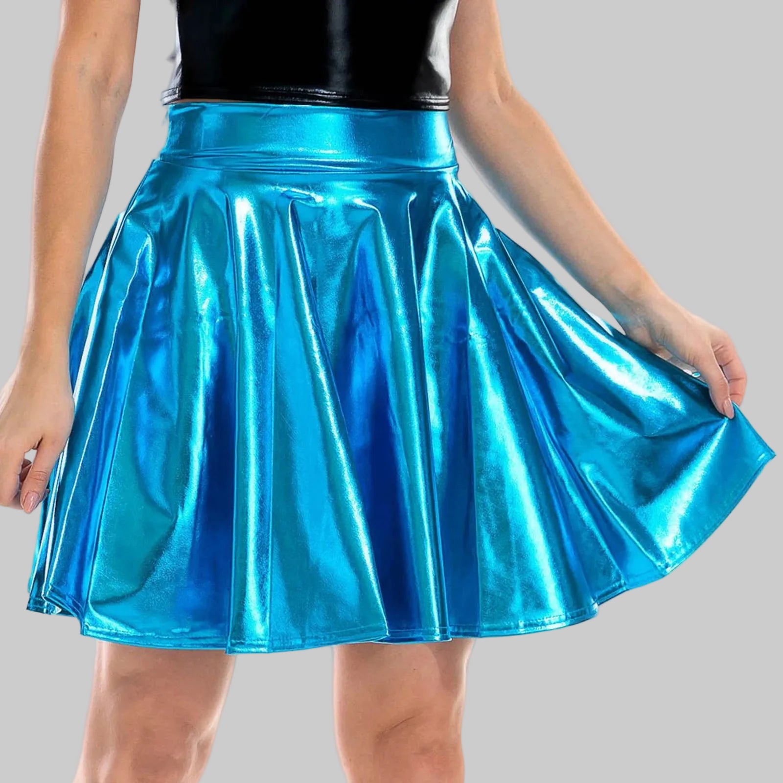Metallic High Waist Flare Skirt - Glossy Performance Mini Skirt