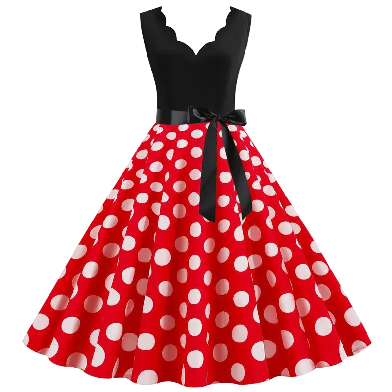 1950s Polka Dot Swing Dress | V-Neck | Bow Sash | 15 Colors