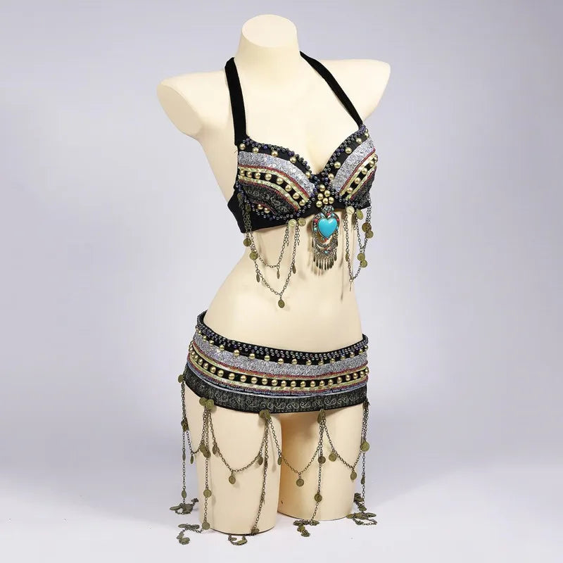 Tribal Belly Dance Costume | Beaded Bra & Belt Set | 2-Piece
